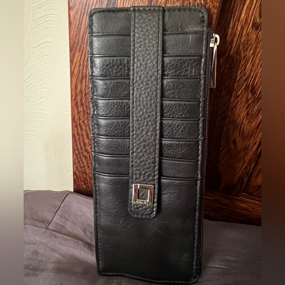 Lodis Black Genuine Leather Wallet, ID & 8 Card Slots/Zip Pocket, good condition